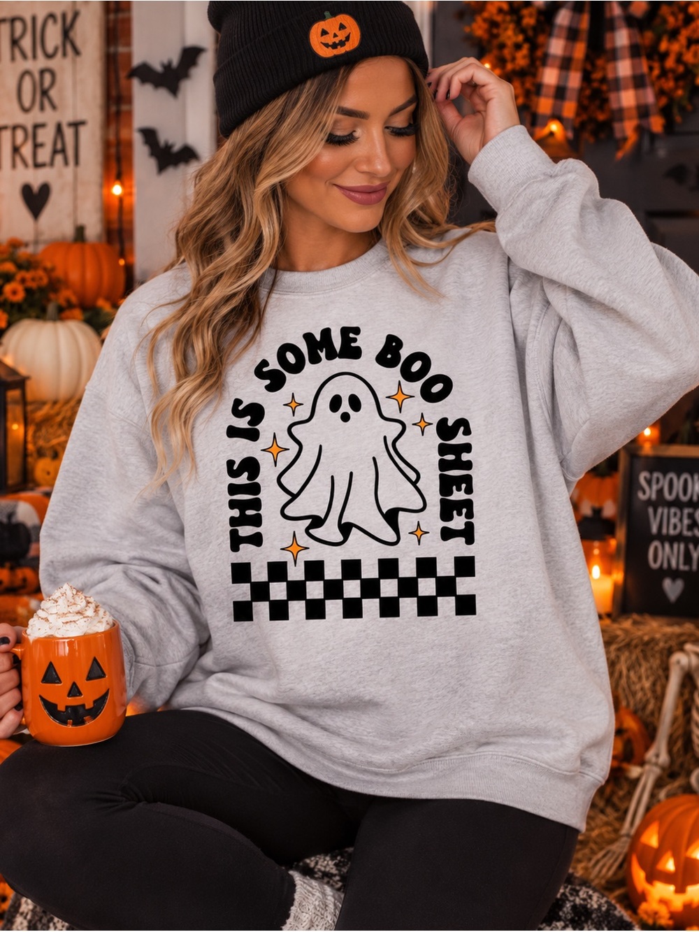Women's Light Gray Halloween Ghost Graphic Sweatshirt - Unbranded